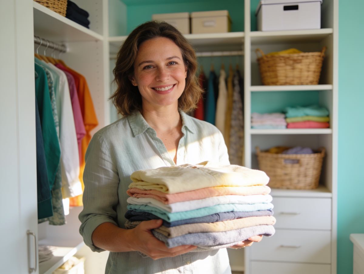 Happy mom with organized closet